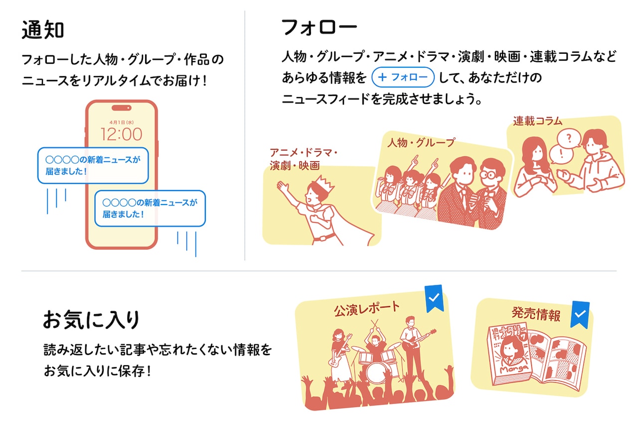 通知 フォローした人物・グループ・作品のニュースをリアルタイムでお届け！ / フォロー 人物・グループ・アニメ・ドラマ・演劇・映画・連載コラムなどあらゆる情報をフォローして、あなただけのニュースフィードを完成させましょう。 / お気に入り 読み返したい記事や忘れたくない情報をお気に入りに保存！