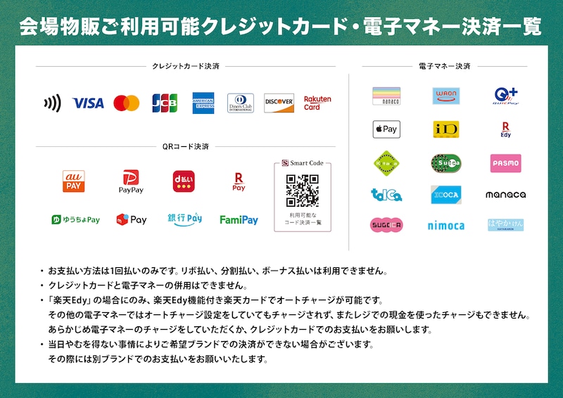 会場物販ご利用可能クレジットカード・電子マネー決済一覧