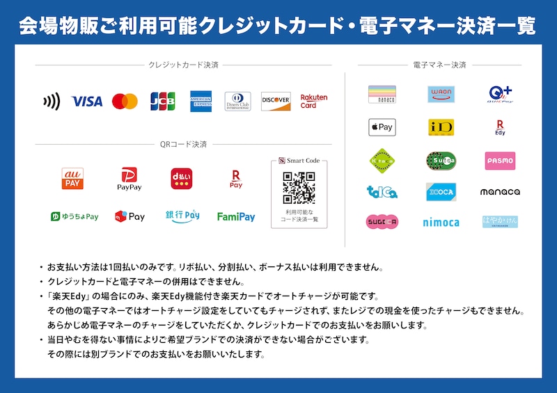 会場物販ご利用可能クレジットカード・電子マネー決済一覧