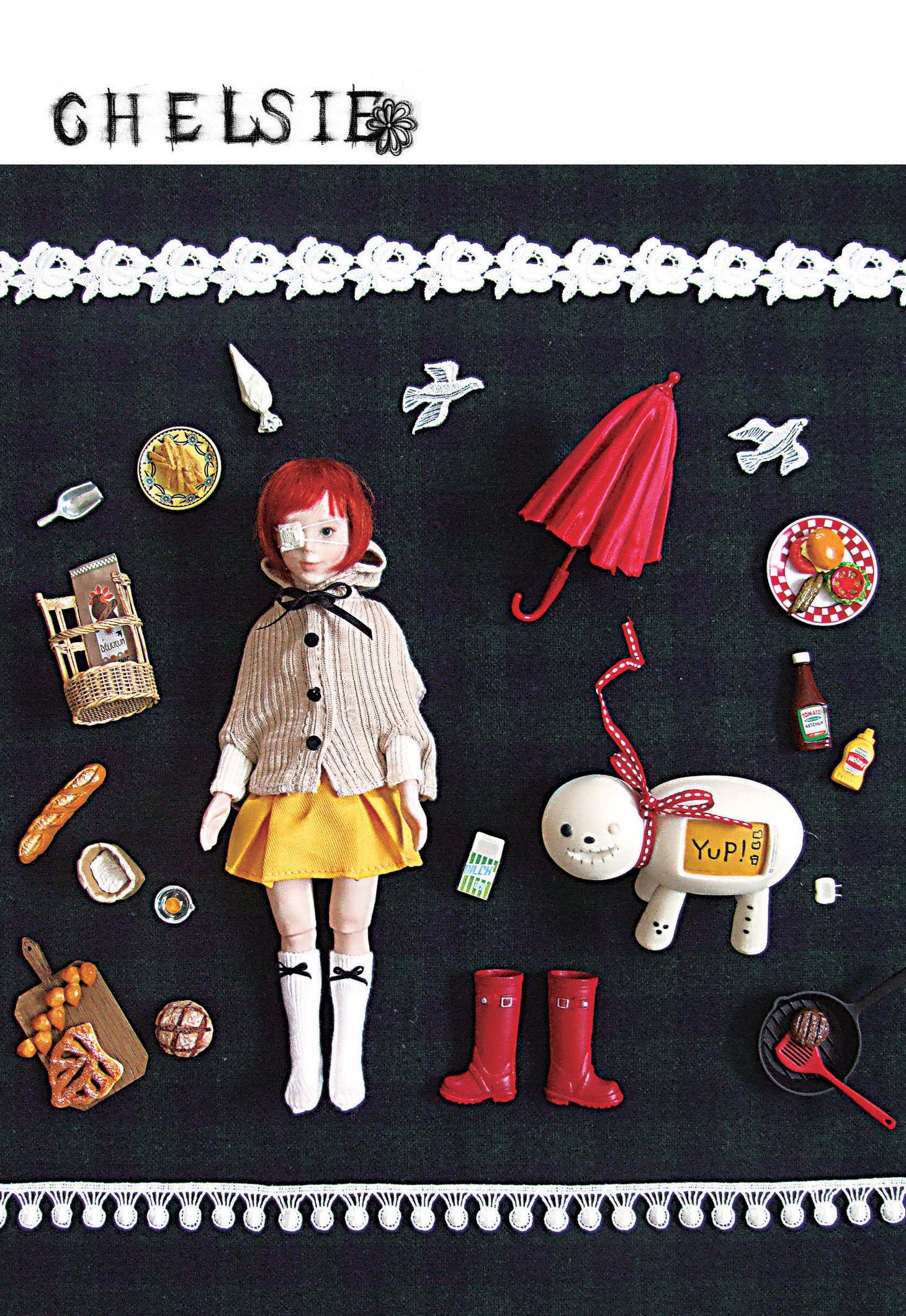 原画展とともに展示される、マリカのビスクドールたち。もちろん「チェルシー」の登場人物。