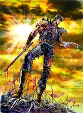 往年のファンにはたまらない原画ばかり。（©武論尊・原哲夫／NSP 1983,©NSP 2008, 版権許諾証MB-209）