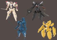 左からラインバレル、ヴァーダント、ラインバレル mode-B、ハインド・カインド（(c) 2008 清水栄一・下口智裕・秋田書店/GONZO/ラインバレルパートナーズ）。