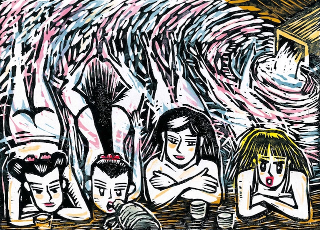 畑中純「乙女湯」の木版画。