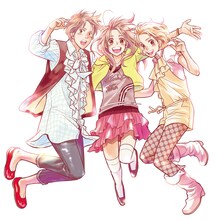 長沢智「日曜日は一緒に」告知イラスト。元気に飛び跳ねる3人がはじめた恋愛ゲームとは……!?