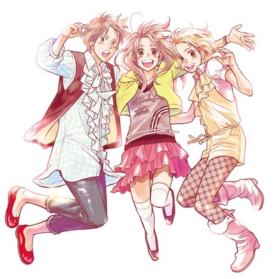 長沢智「日曜日は一緒に」告知イラスト。元気に飛び跳ねる3人がはじめた恋愛ゲームとは……!?