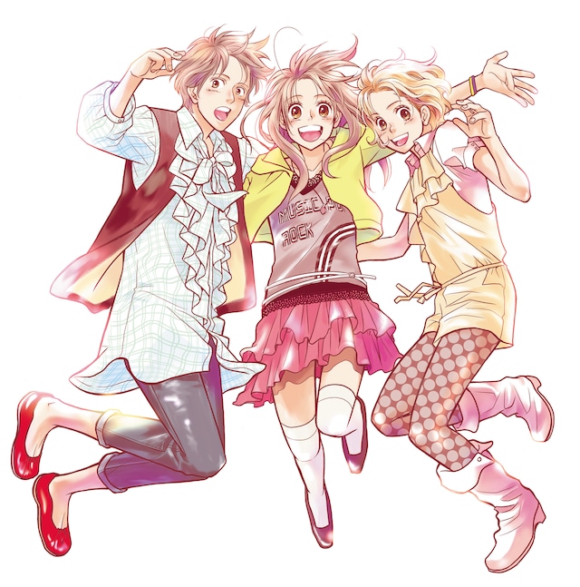 長沢智「日曜日は一緒に」告知イラスト。元気に飛び跳ねる3人がはじめた恋愛ゲームとは……!?