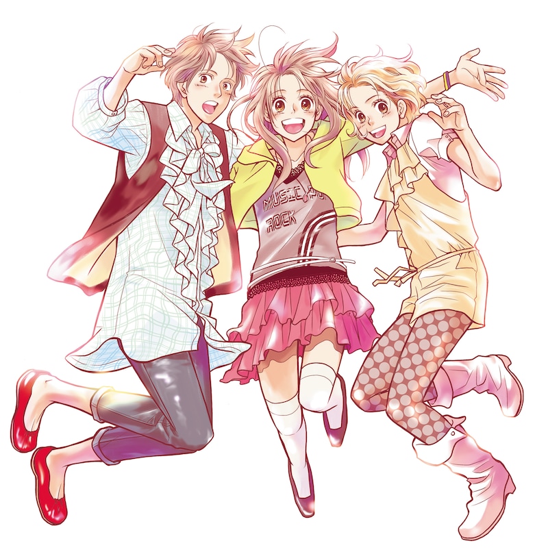 長沢智「日曜日は一緒に」告知イラスト。元気に飛び跳ねる3人がはじめた恋愛ゲームとは……!?