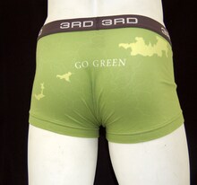坂本龍一によるボクサーブリーフパンツその1。エコな生活を心がけようという「GO GREEN」という標語が尾てい骨のあたりに書かれている。