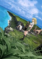 「BTOOOM！」カット。海岸にたたずむ人々の中には少女の姿も。こんなにも世界は美しいのに、なぜ人は殺しあうのか。