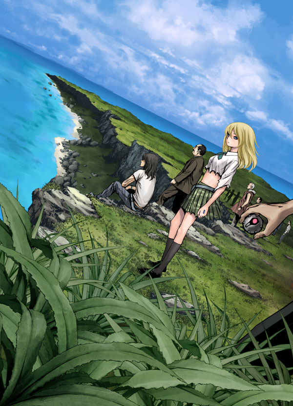 「BTOOOM！」カット。海岸にたたずむ人々の中には少女の姿も。こんなにも世界は美しいのに、なぜ人は殺しあうのか。