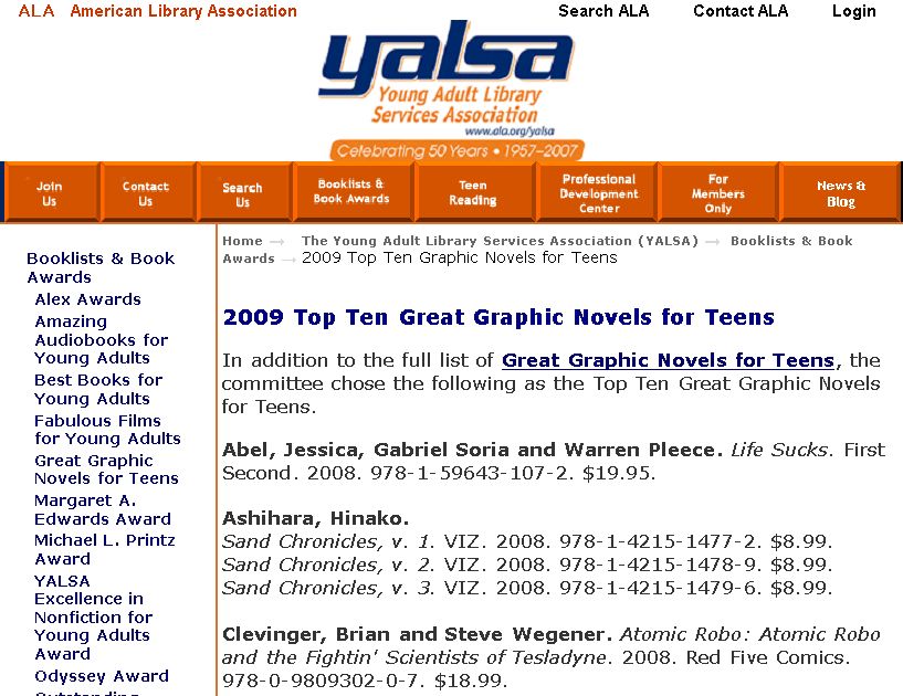 トップ10などの結果はヤングアダルト図書館サービス協会（yalsa）の公式サイトで見ることができる。