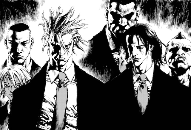 Boichiの重厚で迫力のあるモノクロイラスト。主要キャラクター全員集合。