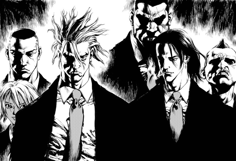 Boichiの重厚で迫力のあるモノクロイラスト。主要キャラクター全員集合。