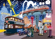 レトロフューチャーな雰囲気をたたえた鴨沢祐仁のイラスト。精緻な筆致に定評がある鴨沢の原画を間近で体感しよう。