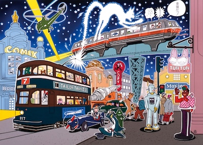 レトロフューチャーな雰囲気をたたえた鴨沢祐仁のイラスト。精緻な筆致に定評がある鴨沢の原画を間近で体感しよう。