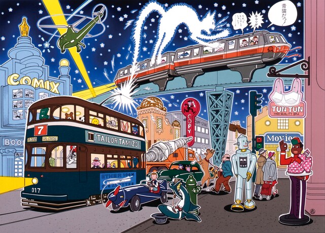 レトロフューチャーな雰囲気をたたえた鴨沢祐仁のイラスト。精緻な筆致に定評がある鴨沢の原画を間近で体感しよう。