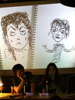 最初のお題「マイケル・ジャクソン」。左がサイバラ画、右が江口画。