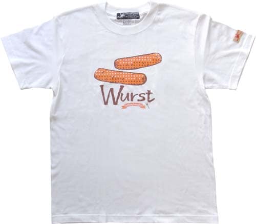 「Wurst」Tシャツフロント。プリッと噛みごたえのありそうな腸詰めのイラストはユニーク、かつオシャレ。