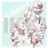 眼鏡拭きのために描き下ろされたイラスト。デフォルメされた「放課後のカリスマ」主要キャラが勢揃いしている。(c)『放課後のカリスマ』スエカネクミコ／小学館IKKI