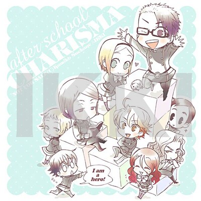 眼鏡拭きのために描き下ろされたイラスト。デフォルメされた「放課後のカリスマ」主要キャラが勢揃いしている。(c)『放課後のカリスマ』スエカネクミコ／小学館IKKI