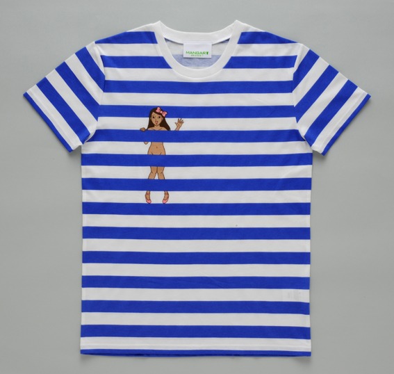 江古田ちゃんTシャツ表。胸元にはちょっぴり控えめに、でもやっぱり全裸の江古田ちゃんが。男女問わず、安心して着られるワンサイズ。（写真は見本です）