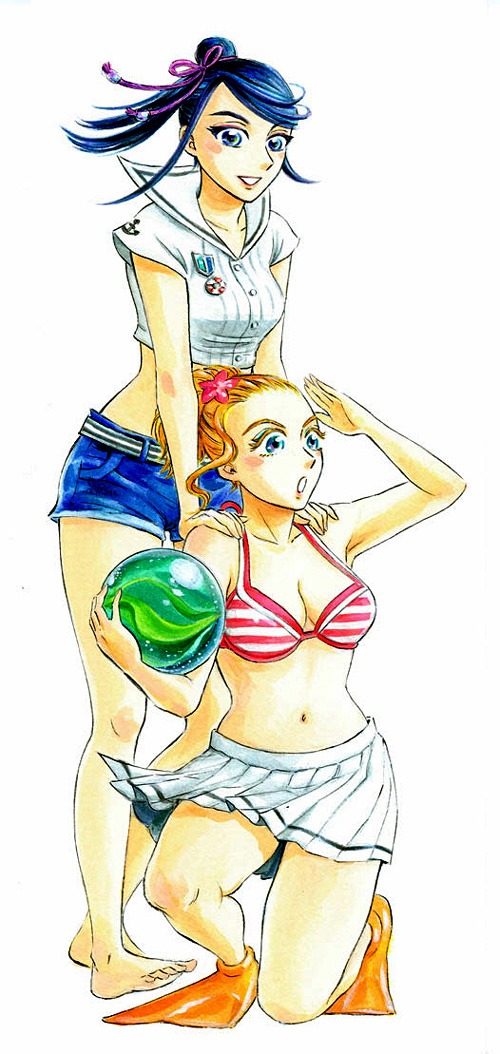 新居美智代「グッドアフタヌーン・ティータイム」より、黒髪がアリーシャ、金髪がレシカ。小さな人工妖精の物語。
