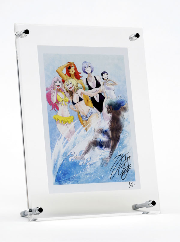 こちらがプレゼント賞品の猫井ヤスユキ描き下ろし複製原画、フォトスタンド入りだ。海、サーフィン、水着ギャル。華麗なる南斗のイメージにぴったりなイカしたイラストだ。