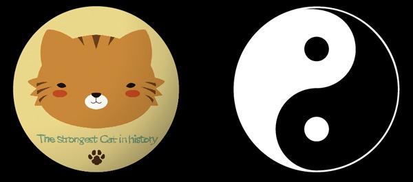 松江名俊「史上最強の弟子ケンイチ」35巻限定版に付く、特典缶バッジのイラスト。カワイイ猫柄バッジと、太極バッジのセットとなる。