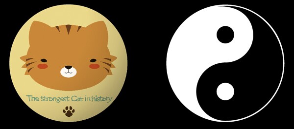松江名俊「史上最強の弟子ケンイチ」35巻限定版に付く、特典缶バッジのイラスト。カワイイ猫柄バッジと、太極バッジのセットとなる。