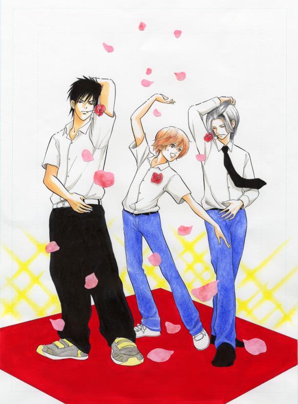 日下直子「ヤマあり タニおり」イラストカット。折り紙同好会の3人が勢揃い。