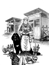 モーニングでは8年ぶりとなる守村大の新連載「新白河原人」カット。連載第1回は鶏に関する話題。どんどん産み落とされる卵と守村の戦いから、自然の厳しさを学ぼう。(c) 守村大／講談社