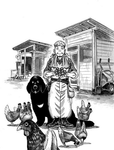 モーニングでは8年ぶりとなる守村大の新連載「新白河原人」カット。連載第1回は鶏に関する話題。どんどん産み落とされる卵と守村の戦いから、自然の厳しさを学ぼう。(c) 守村大／講談社