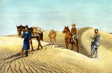 諸星大二郎の「西遊妖猿伝 西域篇」カット。広大な砂漠を行く一行を待ち受けるものとは。(c) 諸星大二郎／講談社