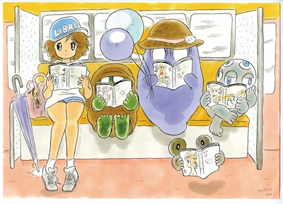 タムくんによる描き下ろしブックカバーのイラスト。電車でタムくんの「ブランコ」を読む「ブランコ」登場キャラクターたちが描かれている。
