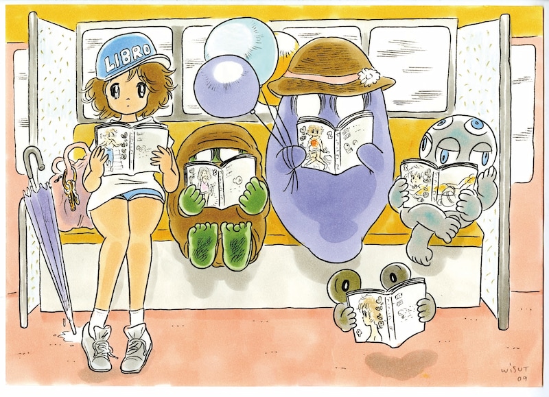 タムくんによる描き下ろしブックカバーのイラスト。電車でタムくんの「ブランコ」を読む「ブランコ」登場キャラクターたちが描かれている。