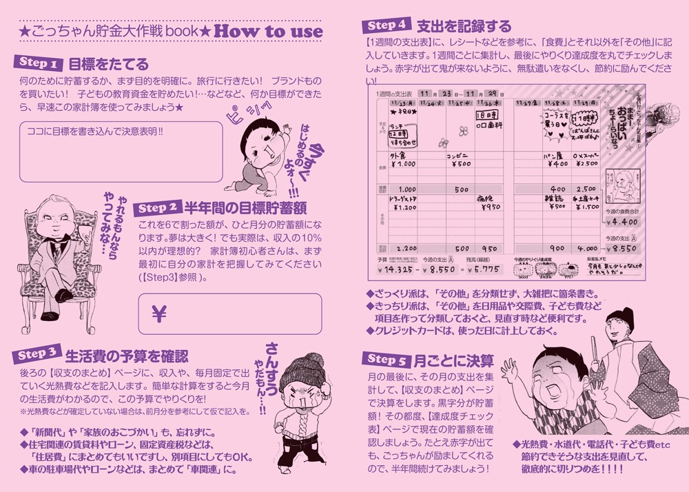 「ごっちゃん貯金大作戦BOOK」の使い方を、ごっちゃんイラストを交え解説。