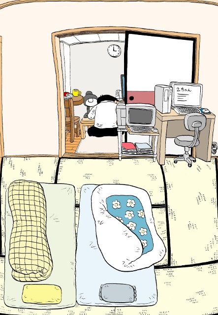 特典「小規模な福満家の寝室立体ジオラマ」用に福満が描き下ろしたイラスト。PCのモニターに映る「2ちゃん」の文字からは、福満のエゴサーチに懸ける思いが伝わってくる。(C)福満しげゆき／講談社