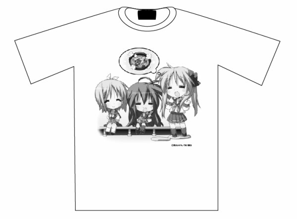埼玉新聞65周年記念の特製Tシャツ。白はこなた・かがみ・つかさの3人をプリント。(c)美水かがみ／角川書店