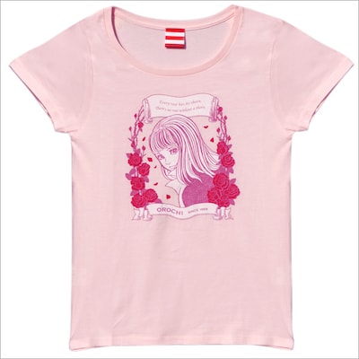 おろちTEE（バラ柄・ピンク）。振り向いているおろちとバラがデザインされている。