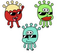 西本が描いた「ウイルスバスター2010」のイメージキャラクターのひとつ。「もうしま」メンバーをイメージしたとのこと。(C)西本英雄/講談社