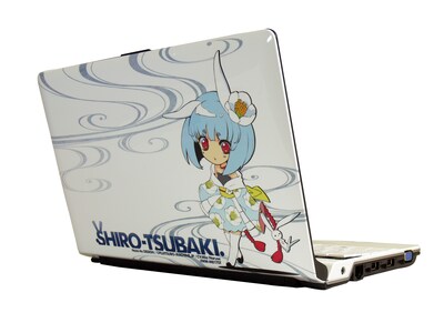 SHIRO-TSUBAKI NetBook FMW-8137ST/r2。天板右に描かれているのが、いとうデザインのキャラクター「白椿」。