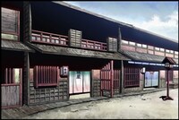 「さらい屋五葉」美術ボード。「桂屋外（昼）」。(C)2010 オノ・ナツメ／小学館・さらい屋五葉製作委員会