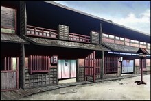 「さらい屋五葉」美術ボード。「桂屋外（昼）」。(C)2010 オノ・ナツメ／小学館・さらい屋五葉製作委員会