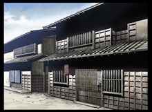 「さらい屋五葉」美術ボード。「梅の店店外（朝）」。(C)2010 オノ・ナツメ／小学館・さらい屋五葉製作委員会