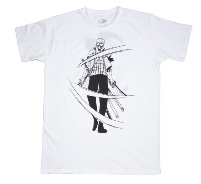三刀流の太刀筋が舞う「ゾロ」Tシャツ。（C）尾田栄一郎/集英社・フジテレビ・東映アニメーション　発売元：（株）バンダイ