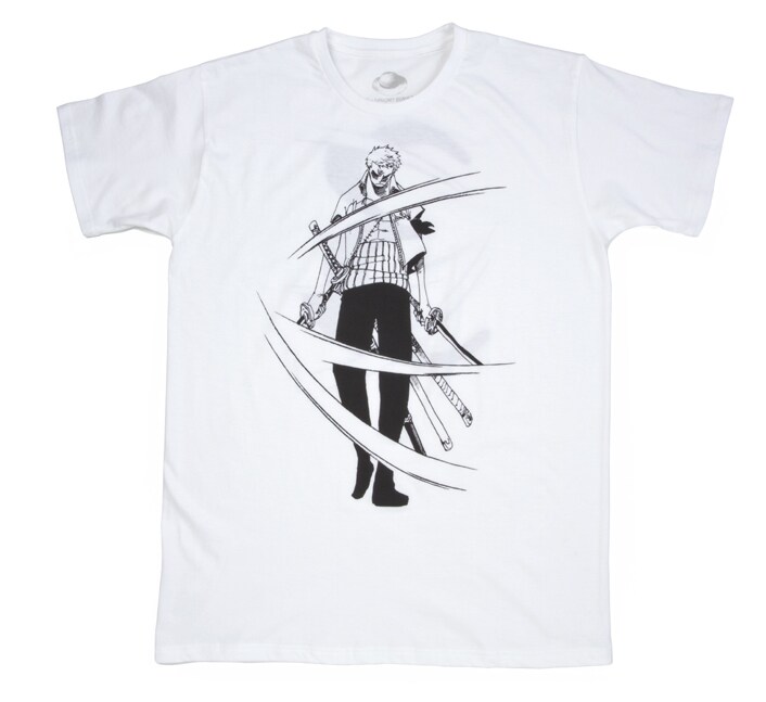 三刀流の太刀筋が舞う「ゾロ」Tシャツ。（C）尾田栄一郎/集英社・フジテレビ・東映アニメーション　発売元：（株）バンダイ