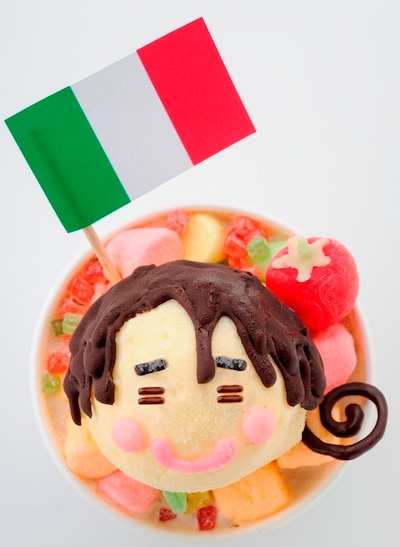 イタリアの「僕はトマト箱の妖精だよ！」は、アイスクリームシティのダ・ルチアーノで販売。イタリアの顔をイタリアンジェラートで表現したメニュー。顔はバニラアイス、髪の毛や目など顔のパーツはチョコレート。下にはティラミスアイス、マシュマロとフルーツゼリー。チェリーで作ったトマトが添えられている。ドイツ、日本と3個あわせれば「枢軸セット」に。