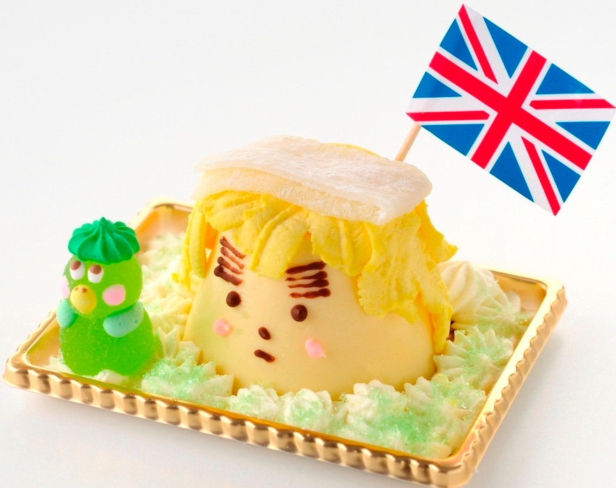 イギリスの「“日本の露天風呂に入るイギリス”プリン」は、東京デザート共和国の岩瀬牧場で販売。日本の家に泊まりに来て露天風呂に入り、河童と出会ったイギリスを、北海道の牧場プリンで表現。髪の毛は黄色いホイップクリームで作られ、まわりにはホイップクリームと河童のグミが添えられている。