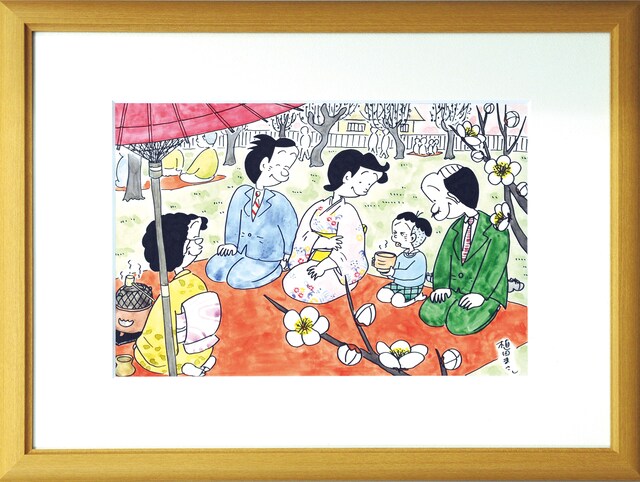 コボちゃん一家の、和やかなお茶会のひととき。複製原画は1つ1つ額装される。