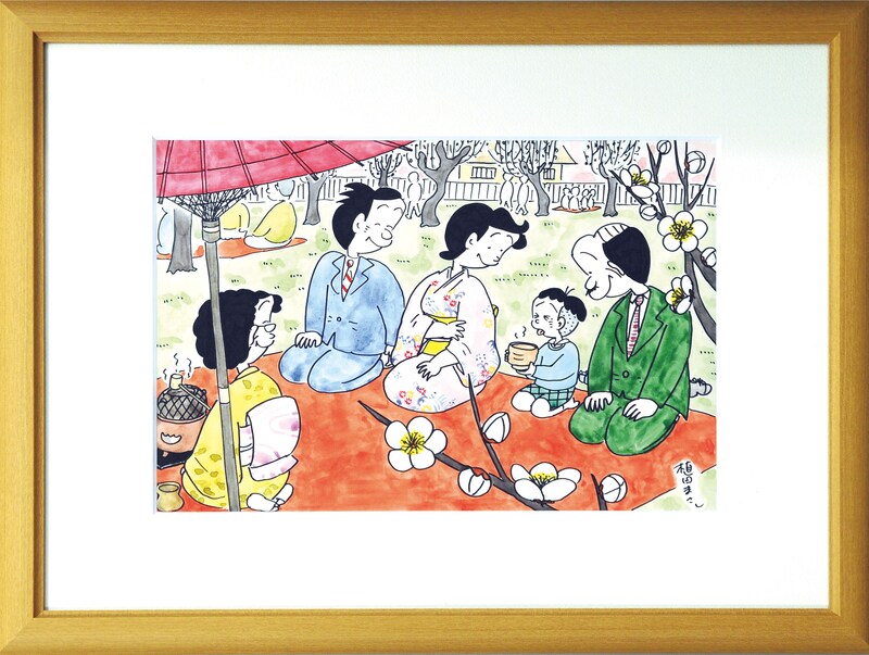 コボちゃん一家の、和やかなお茶会のひととき。複製原画は1つ1つ額装される。